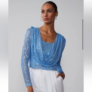 Blue Sequin Cowl Neck‎ Long Sleeve Blouse New York & Company Fancy Top Date NWT